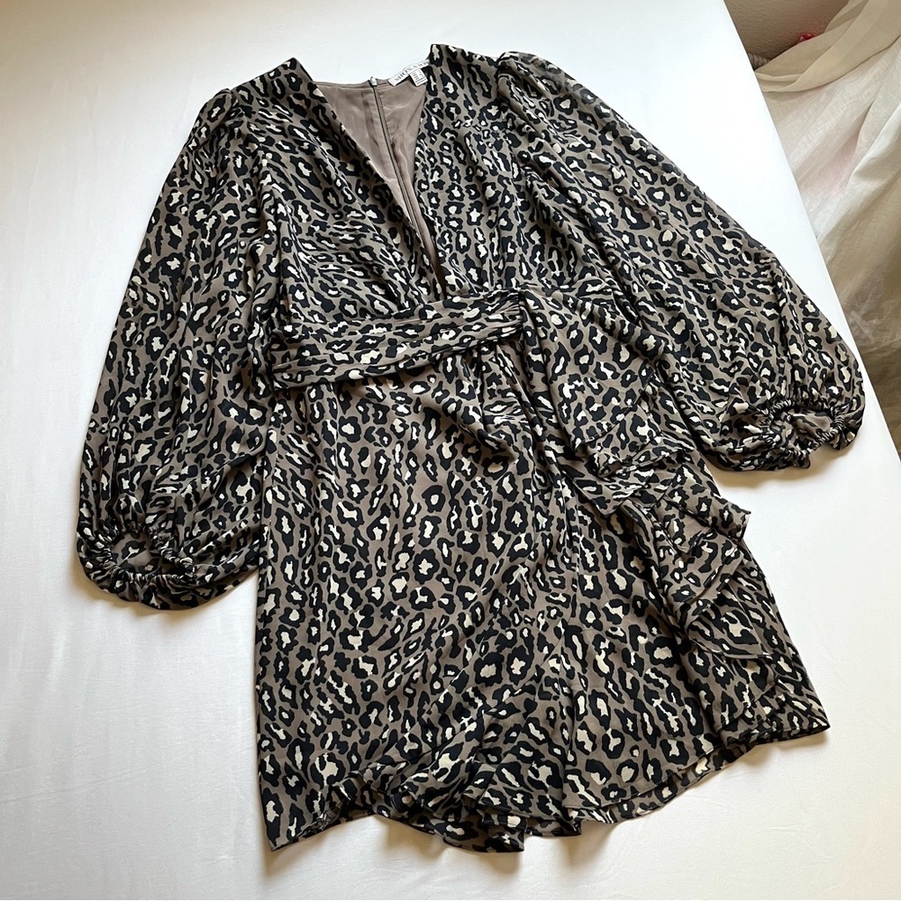 Shona Joy brown taupe leopard print puff sleeve ruffle detail mini dress